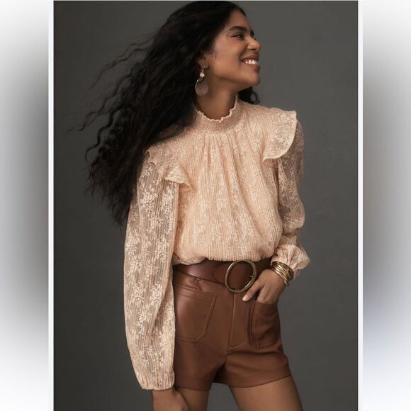 Anthropologie Tops - porridge x Anthro Peach Lace Mock Neck Statement Sleeves Pleated Blouse
